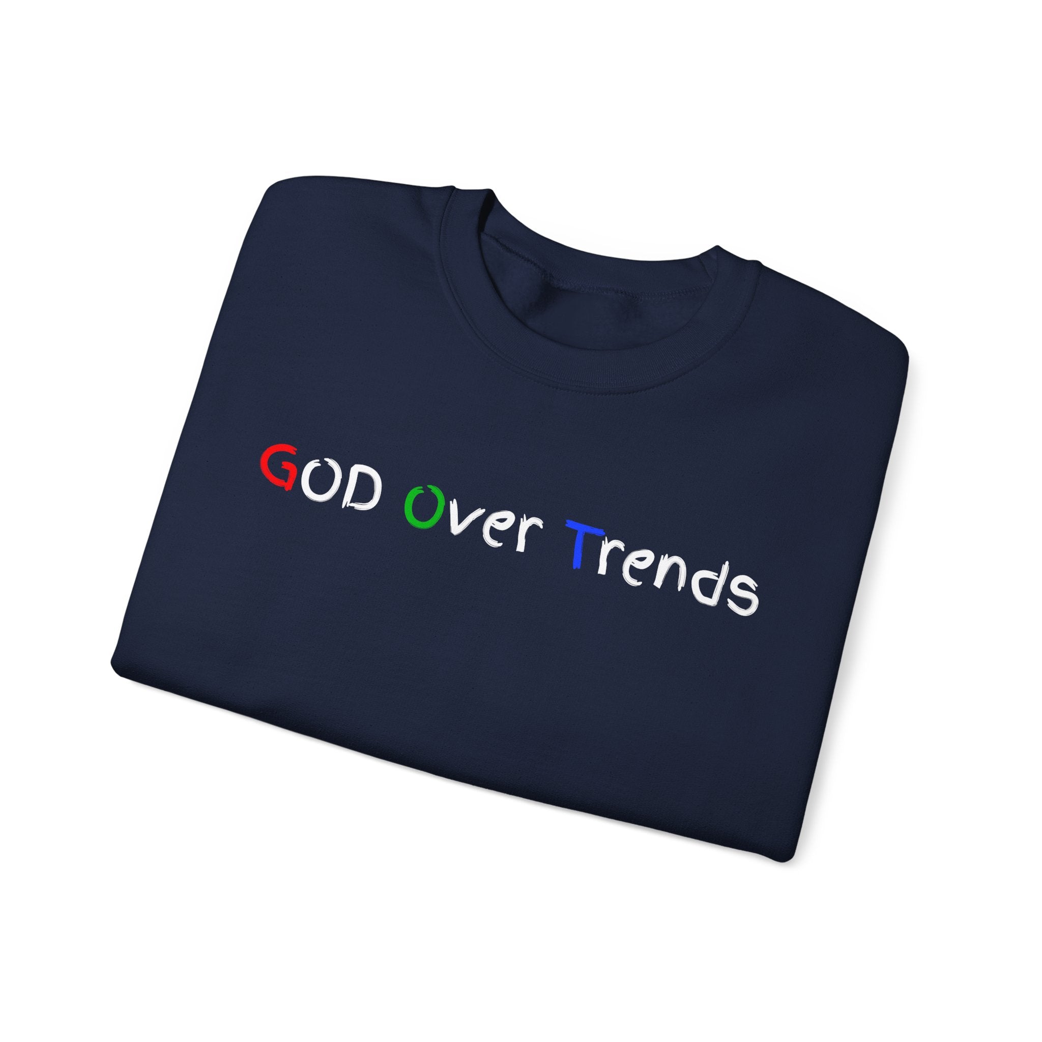 Crewneck Sweatshirt — "GOD over Trends" Colorful Faith Graphic