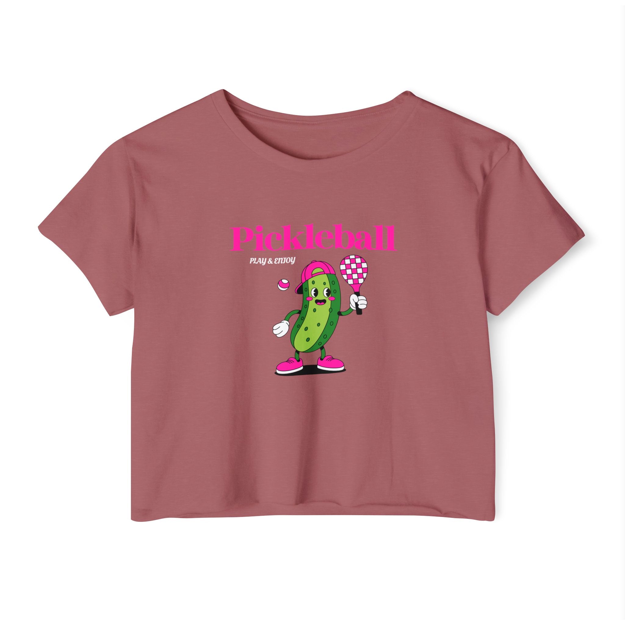Pickleball Festival Crop Top — Cute Pickle Character Graphic Tee for Women