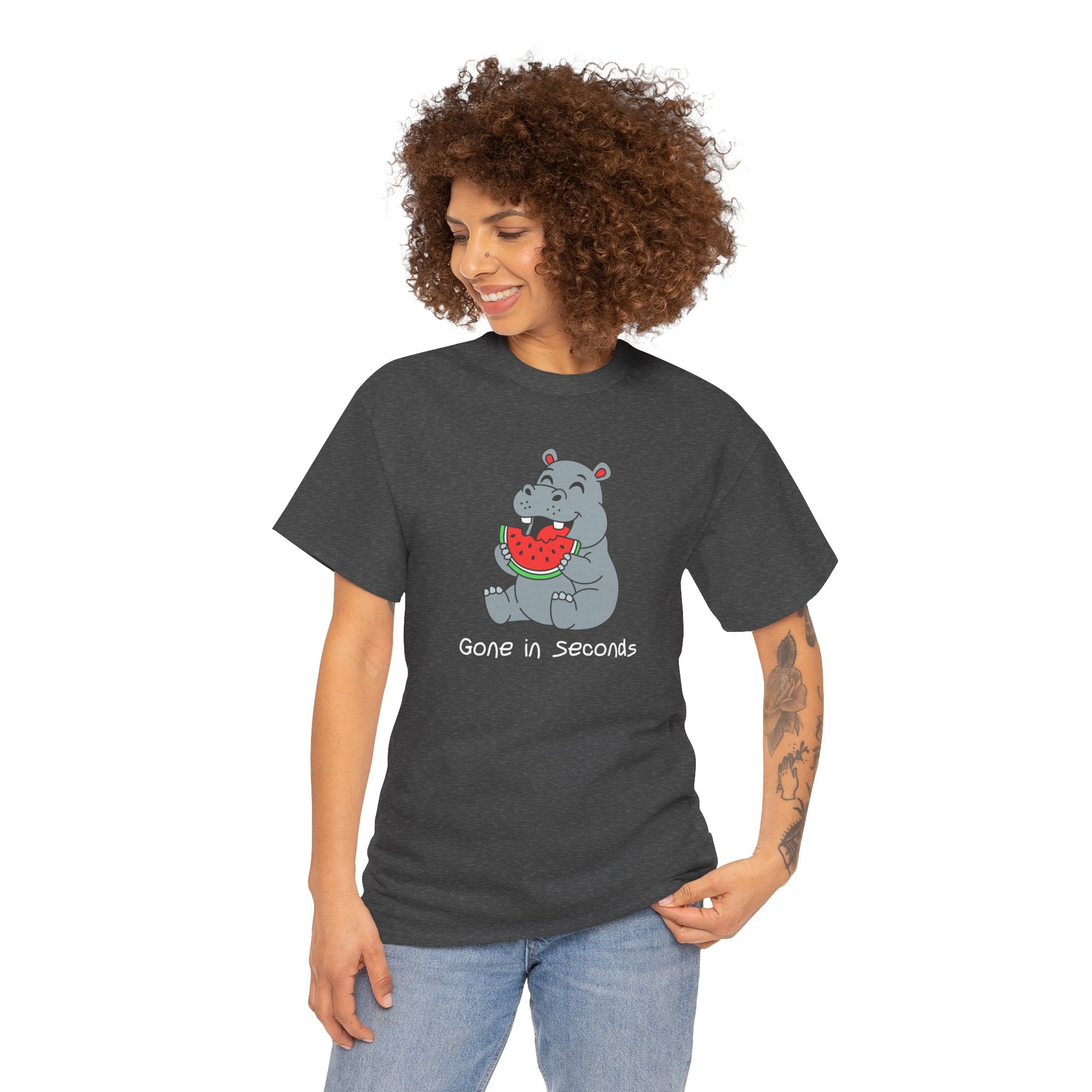 Hippo Eating Watermelon Tee — "Gone in Seconds" Cute Animal Graphic Shirt