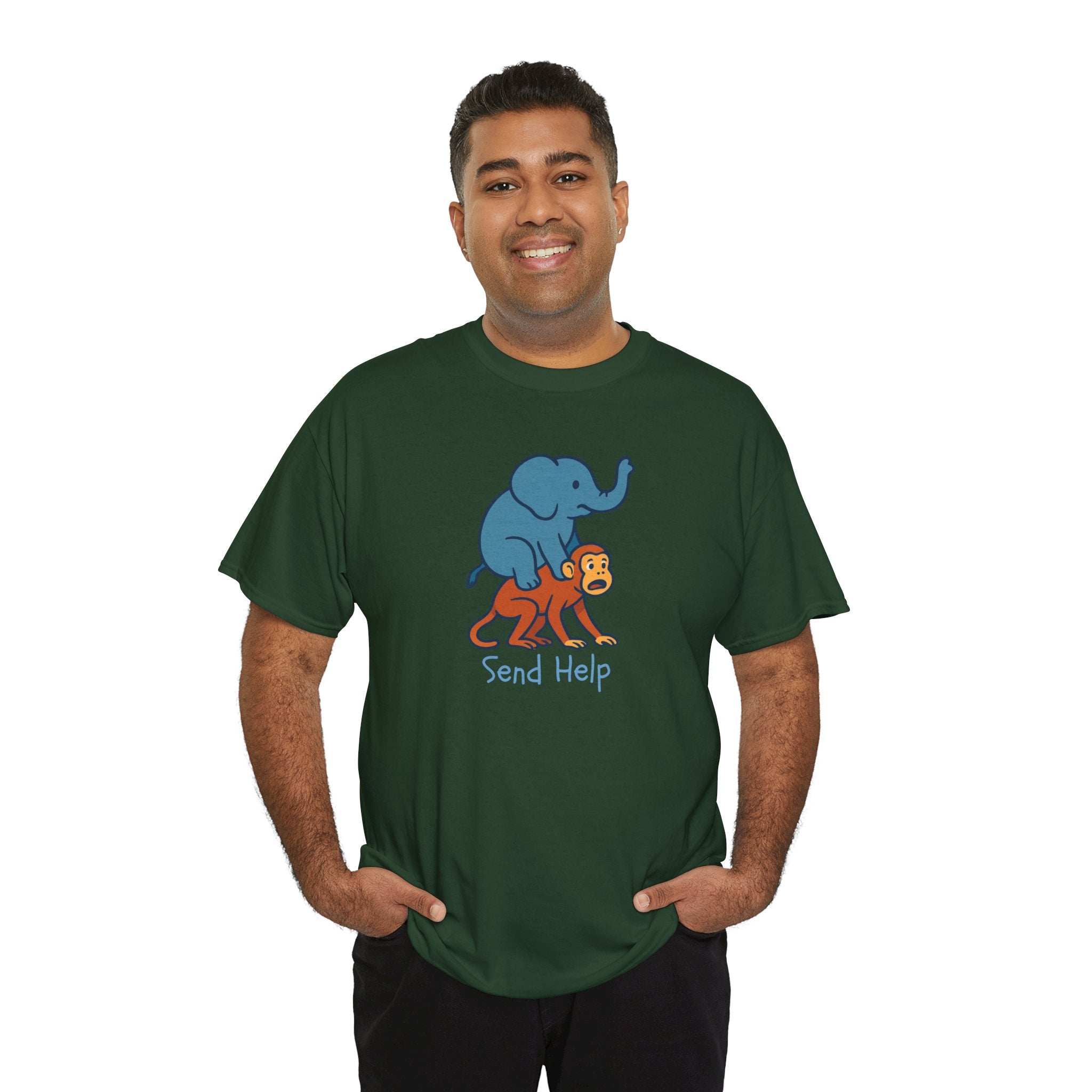 Funny Elephant Riding Monkey T-Shirt — "Send Help" Graphic Tee