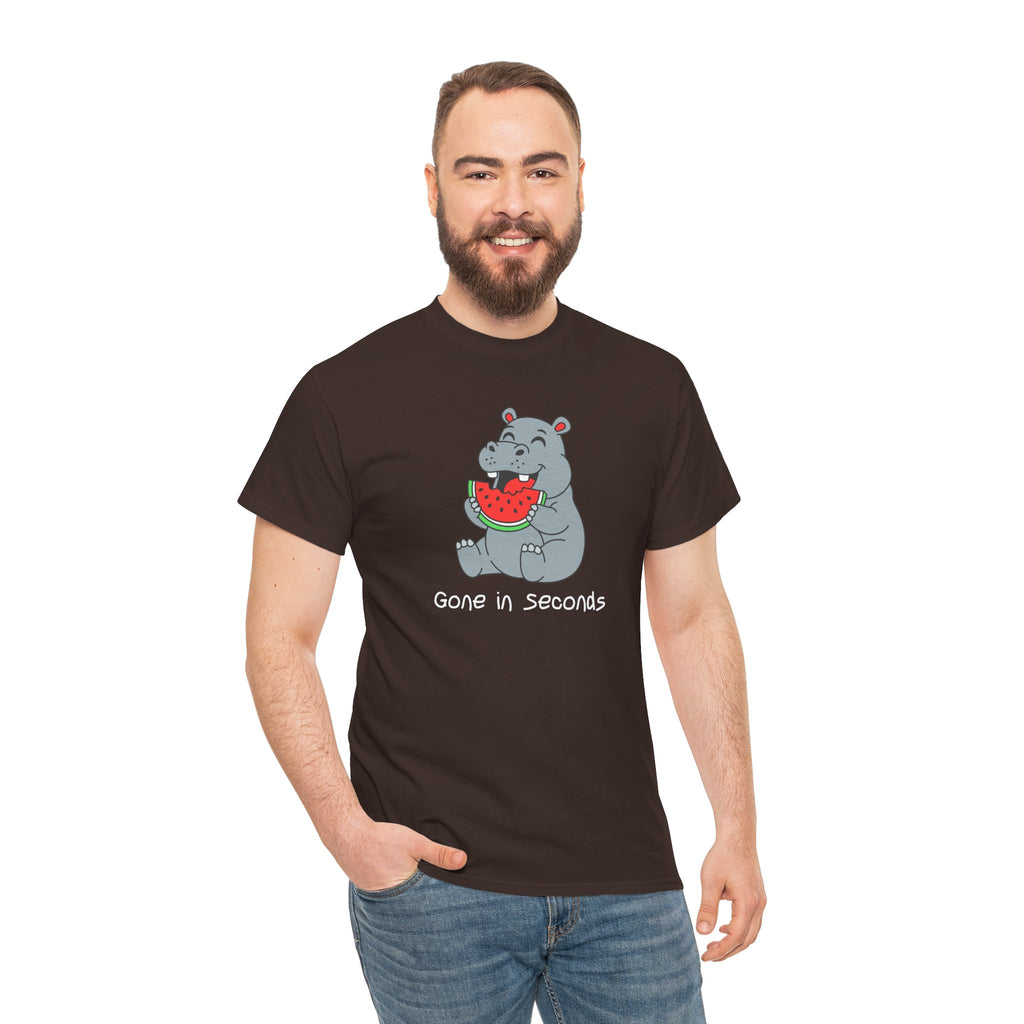 Hippo Eating Watermelon Tee — "Gone in Seconds" Cute Animal Graphic Shirt