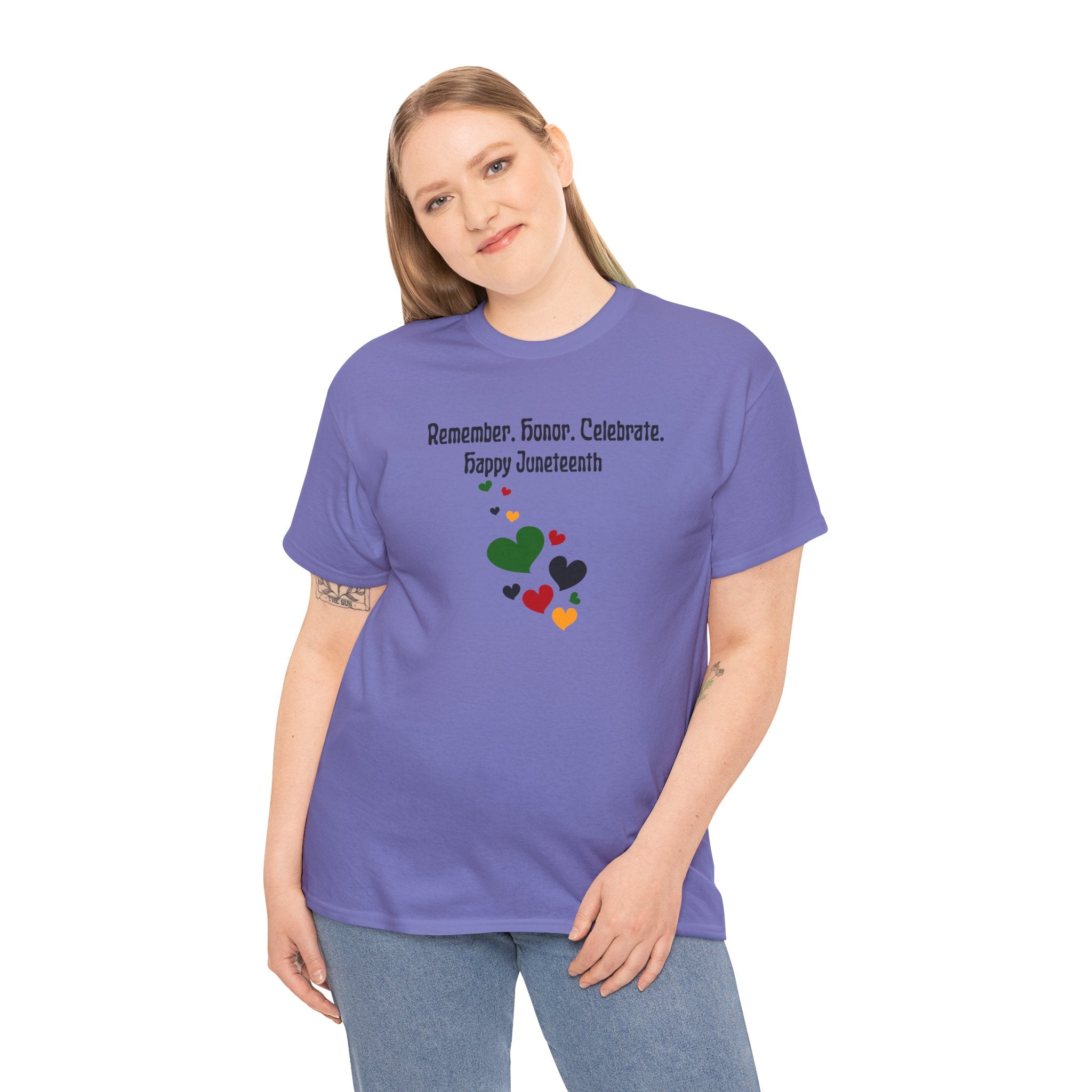 Juneteenth Celebration T‑Shirt — "Remember. Honor. Celebrate. Happy Juneteenth" with Pan-African Heart Design