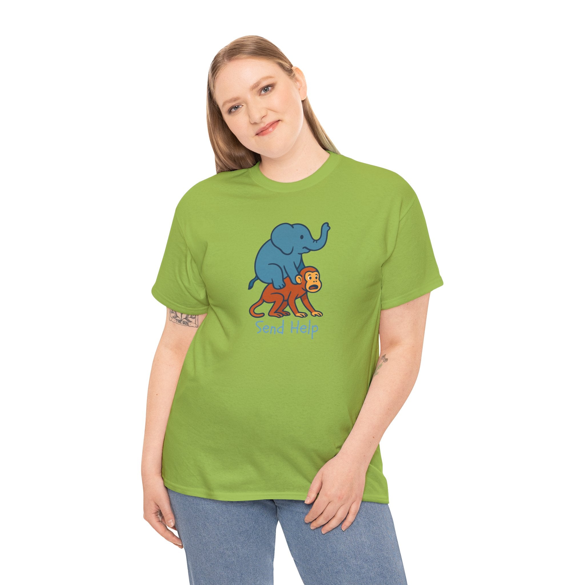 Funny Elephant Riding Monkey T-Shirt — "Send Help" Graphic Tee