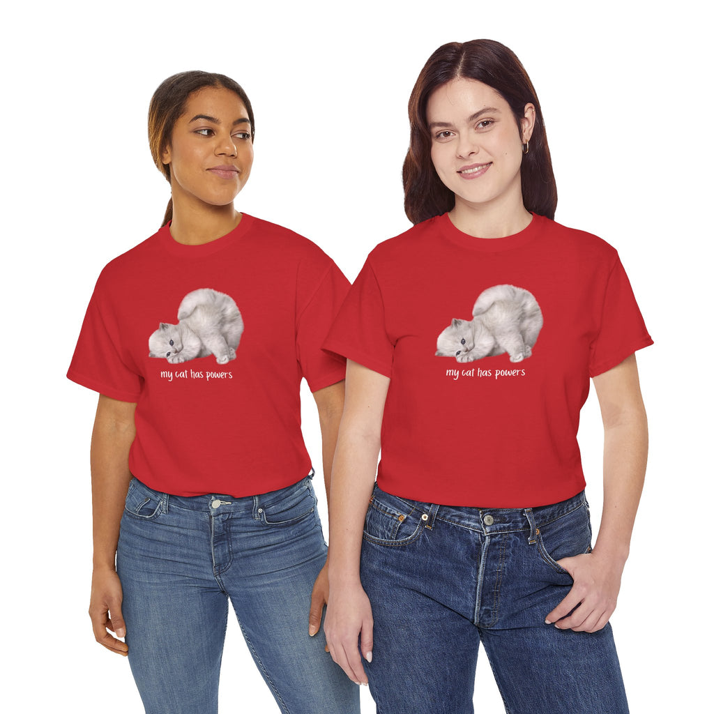 Cat T-Shirt – "My Cat Has Powers" Cute Stretching Cat Graphic Tee