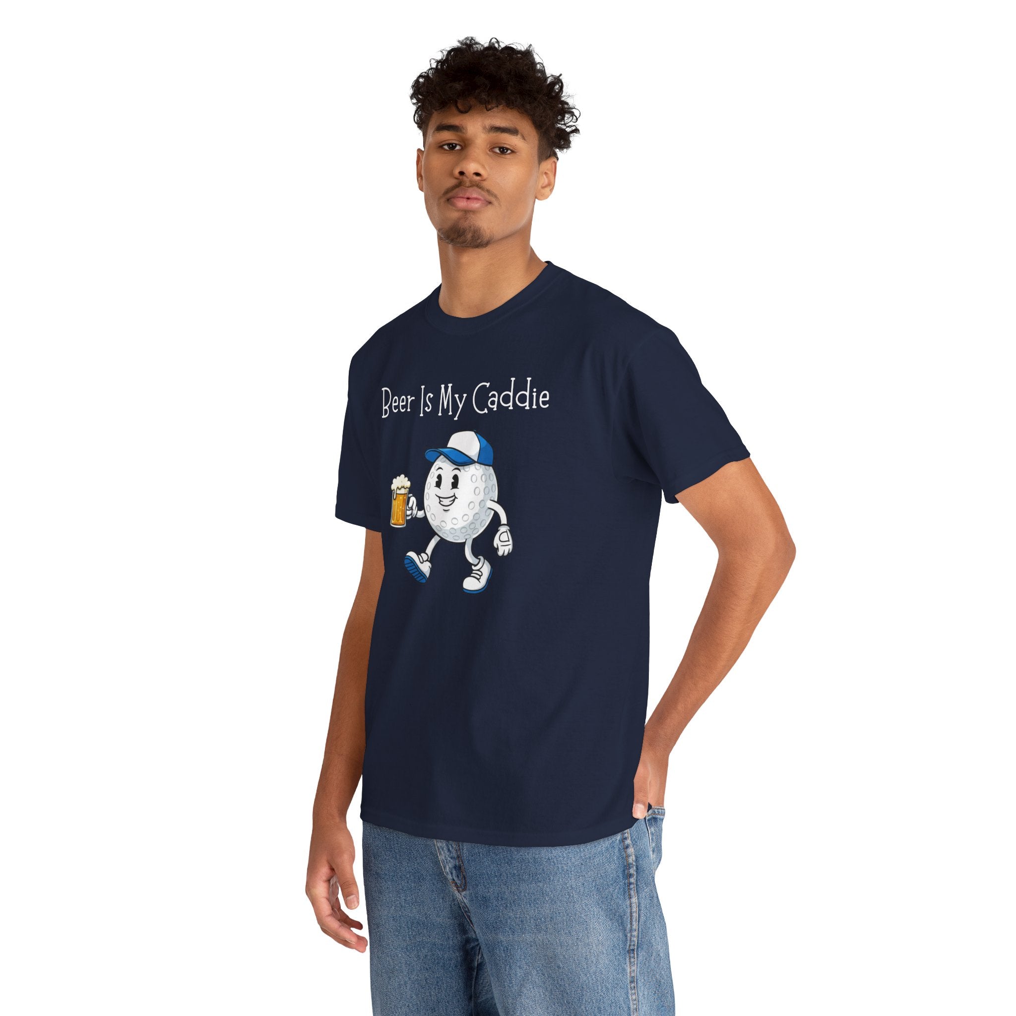 Golf Ball Cartoon Tee — "Beer Is My Caddie" Funny Golf Shirt